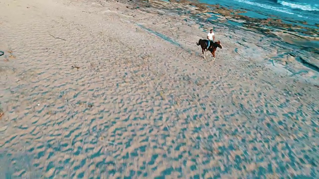 日落时分，海滩上骑马的男人视频素材