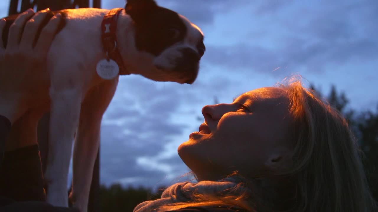 女孩抱着一只狗在城市的夜灯下视频素材