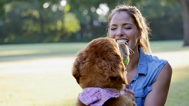 快乐的中年白人妇女在狗公园玩狗视频素材