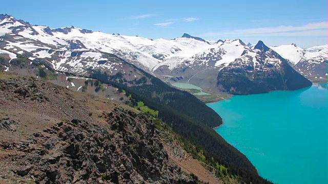 镜头在一个绿松石色的高山湖泊上方平移视频素材