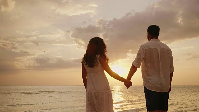 一对年轻的夫妇手拉着手进入画面。看日落。后视图视频素材