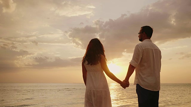 年轻相爱的夫妇手牵着手。站在水里，看着海面上的夕阳视频素材