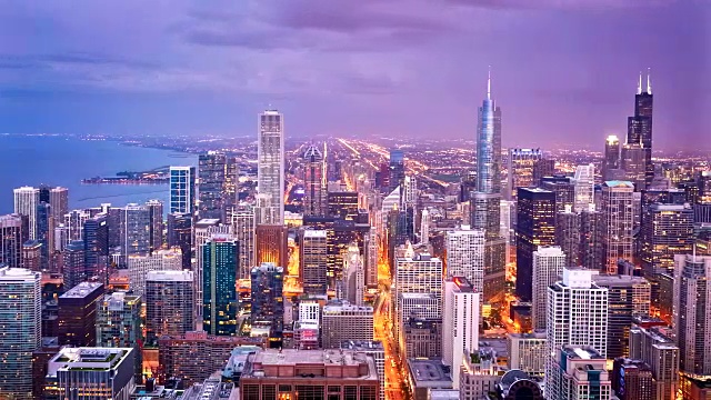 空中芝加哥天际线城市景观黄昏，美国视频素材