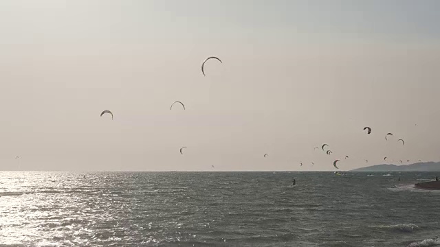 地平线上有很多风筝冲浪者视频素材