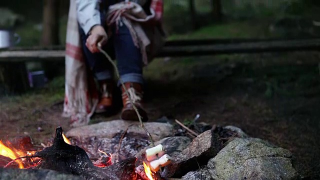女人坐在火堆前烤着和风棒视频素材