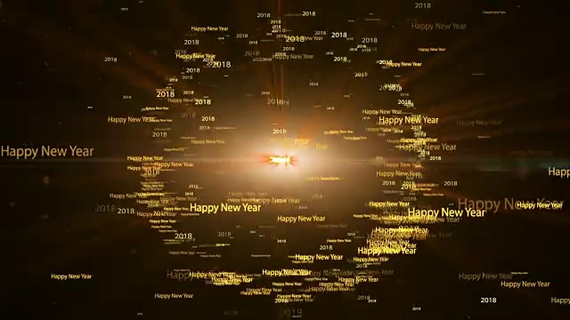 动画运动背景，2018年快乐文字字飞在橙色圆形背景。视频素材