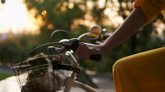 一个不认识的女人的手握把手，而骑着一个城市自行车的篮子和鲜花的特写。清晨镜头光晕。太阳正在上升。穿黄衣服的女人视频下载