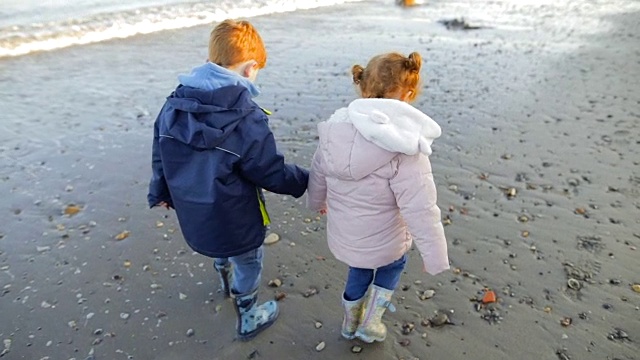 年轻的红发孩子在海滩上找到一块岩石视频下载