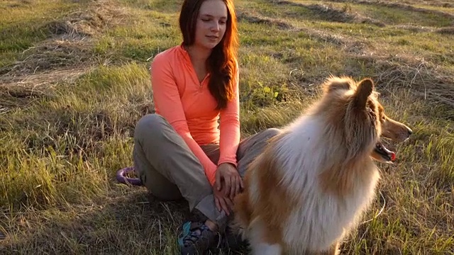 阳光下的绿地上，牧羊犬和可爱的女孩视频素材