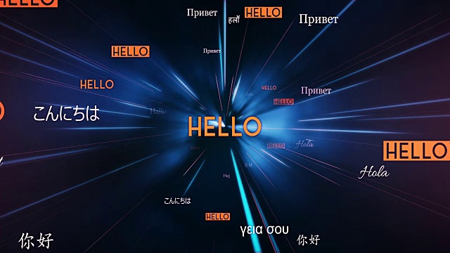 国际HELLO词飞向相机(黑色)-循环视频素材