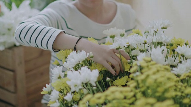 亚洲花匠在花店安排花束视频素材