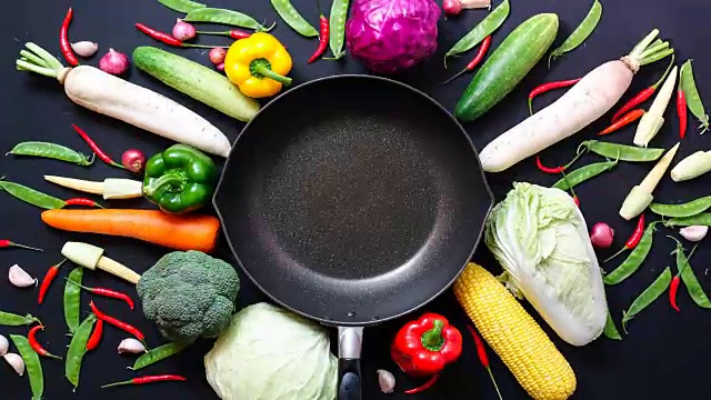 定格动画,锅,蔬菜,彩色背景视频素材