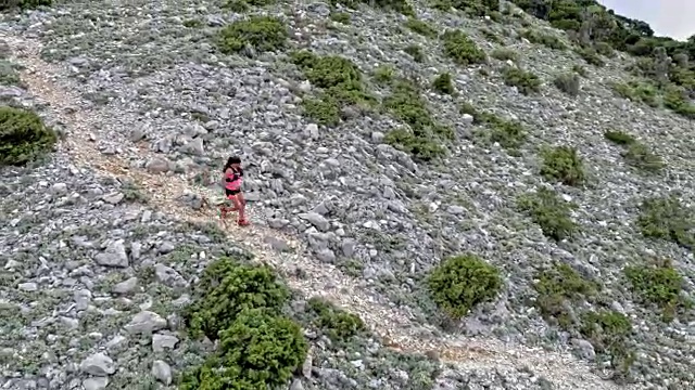 空中女跑步者沿着风景如画的小径，俯瞰附近的岛屿视频素材