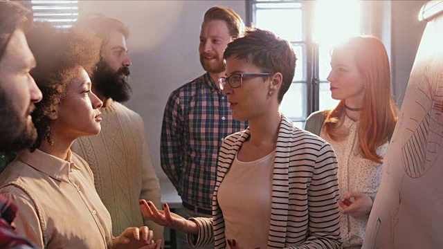 快乐的创业团队在办公室里讨论新的商业计划。视频素材