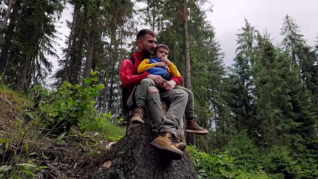父亲坐在树桩上给儿子讲故事视频素材