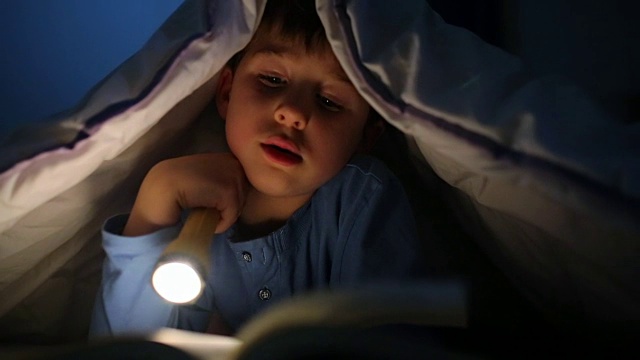 小男孩用手电筒在被子里看书视频下载