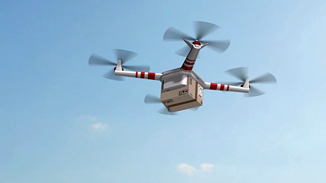 无人机送货-无人机在晴朗的天气和蓝天下运送一个纸箱包裹视频素材