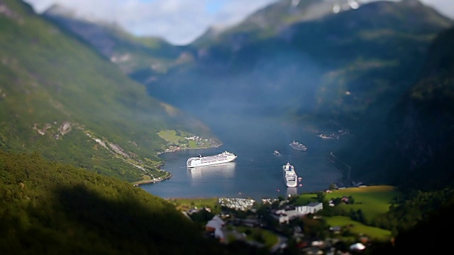 Geiranger峡湾，挪威倾斜移位镜头。视频素材