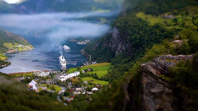 Geiranger峡湾，挪威倾斜移位镜头。视频购买