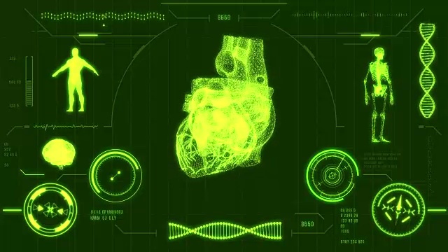人类心脏扫描。未来的医疗用户界面与HUD和信息图表元素。虚拟技术背景。视频素材