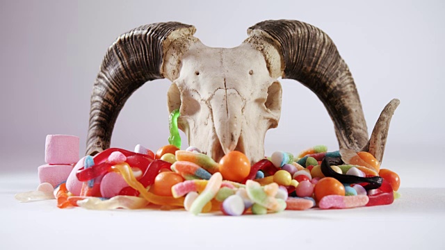 动物头骨和各种糖果在白色背景4k视频素材