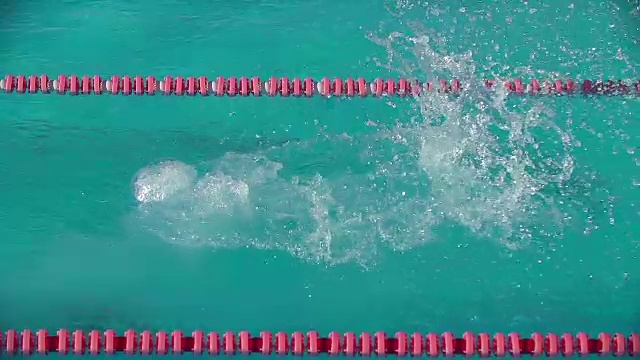 一名游泳运动员以慢动作反向跳水进入游泳池。视频素材