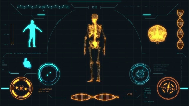 人类骨骼扫描。未来的医疗用户界面与HUD和信息图表元素。视频下载