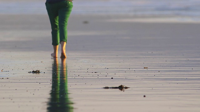 在沙滩上湿沙上行走的女人的低部分视频素材