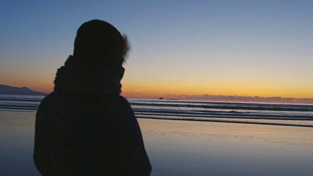 剪影女性在冬天站在海滩在日落视频素材
