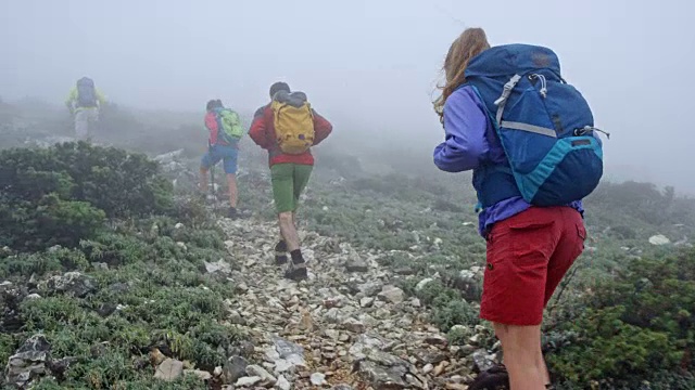 一个女人和她的朋友爬上一座雾蒙蒙的山视频素材