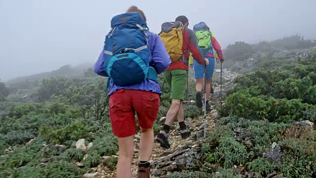 四个徒步旅行者爬上一座雾蒙蒙的山视频素材