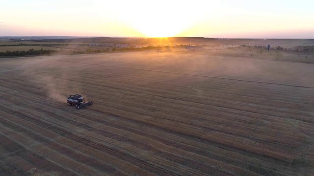 用无人机收割机拍摄日落时分麦田里的航拍照片视频素材