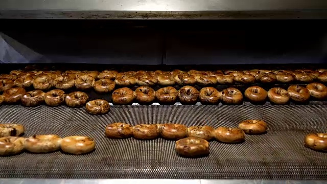 在面包房的工厂里制作新鲜又热又美味的百吉饼:百吉饼从烤箱里出来视频素材