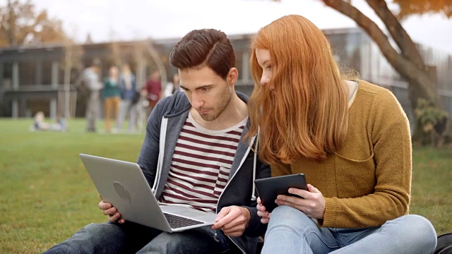 年轻男女坐在公园里，用着他们的笔记本和平板电脑视频素材