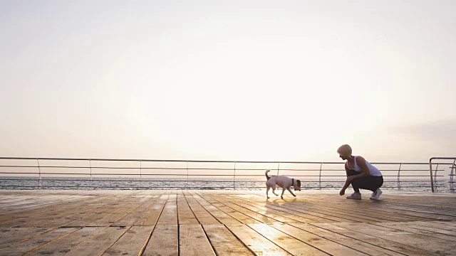年轻女子在海边训练可爱的小狗杰克罗素，慢动作视频素材
