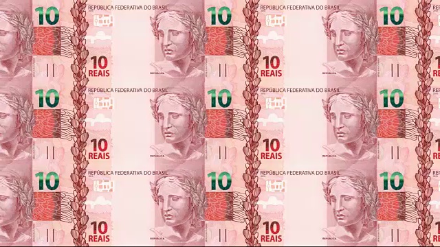 系列钞票十巴西雷亚尔巴西银行屏幕滚动，硬币世界，现金钱，循环视频素材