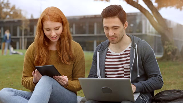 男女学生在公园里使用他们的笔记本和平板电脑视频素材