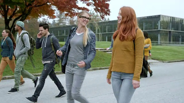 一个秋天的早晨，红头发的女学生和她的女性朋友在校园里散步视频下载