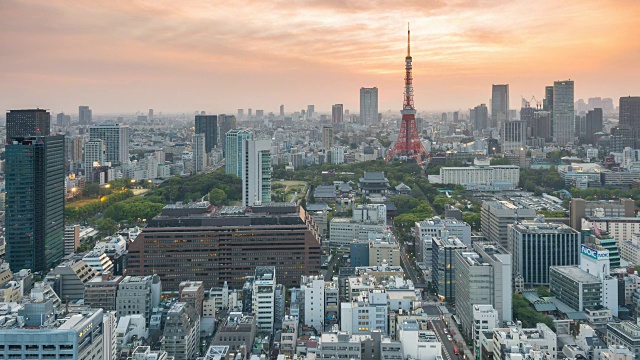 鸟瞰图东京塔和东京天际线城市景观在日落，日本视频素材