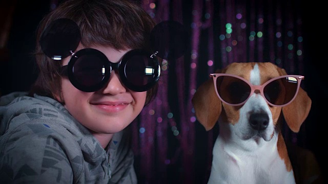4k滑稽的狗和男孩戴着太阳镜视频素材