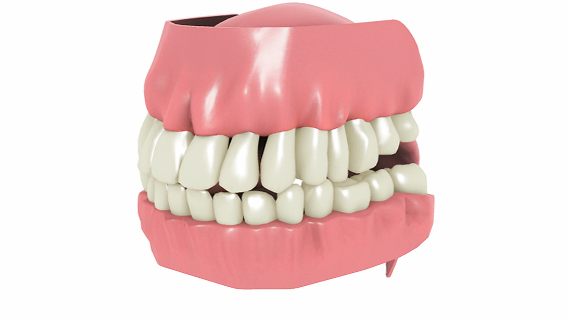描绘牙齿和牙龈的动画。随着上颚和牙齿逐渐下移，露出舌头和下牙，摄像机开始旋转。视频素材