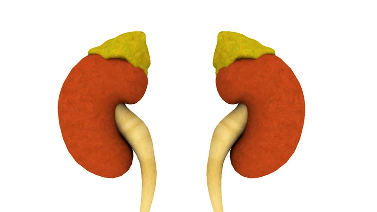 这个动画描绘了一个完整的旋转的右肾，镜像，包括肾上腺和输尿管。视频素材