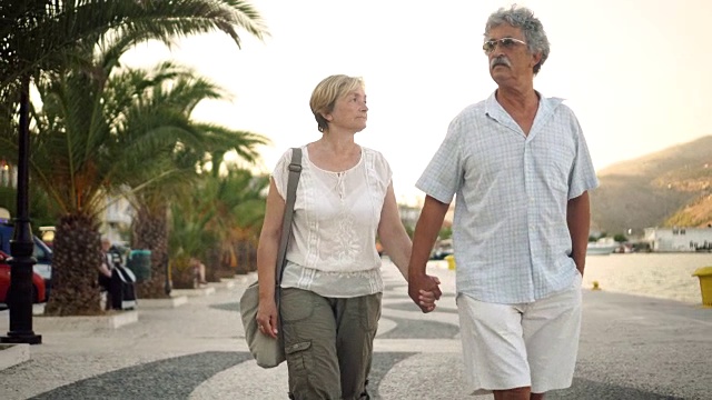 一对老年夫妇在海边散步视频素材