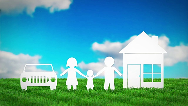 纸家庭，房子和汽车在草地上。3 d渲染动画视频下载