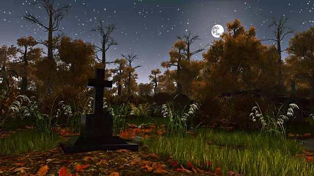 阴森的暗夜森林里的古老墓碑视频素材