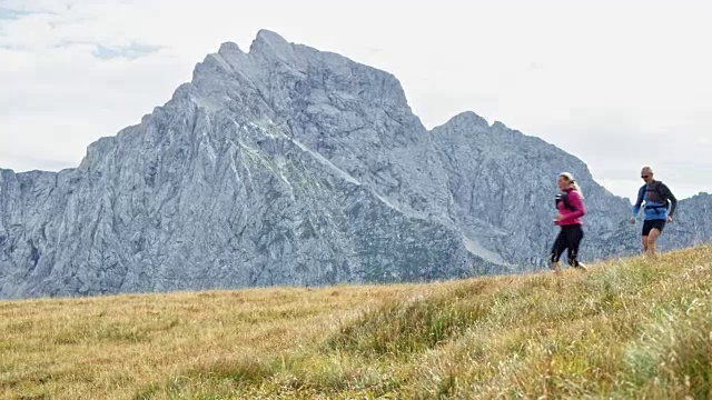 DS夫妇下山，走下阳光明媚的山地草地，看到美丽的景色视频素材