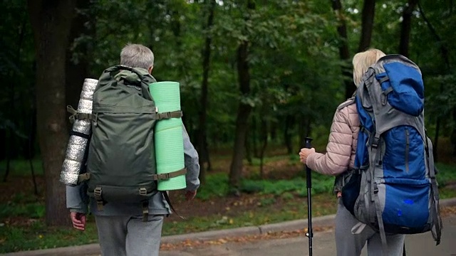 一个愉快的老夫妇在森林里散步的后视图视频下载