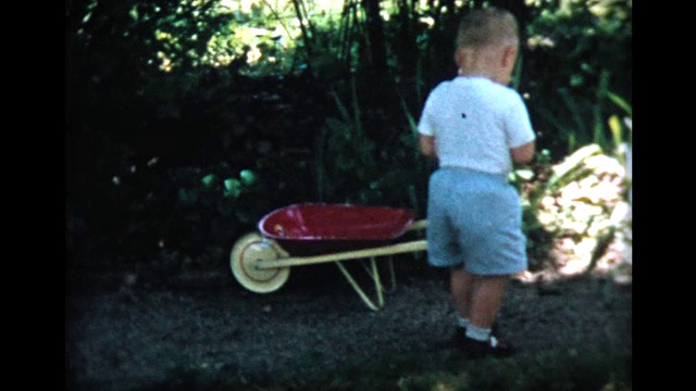 1957年，两岁男孩和红色手推车视频素材