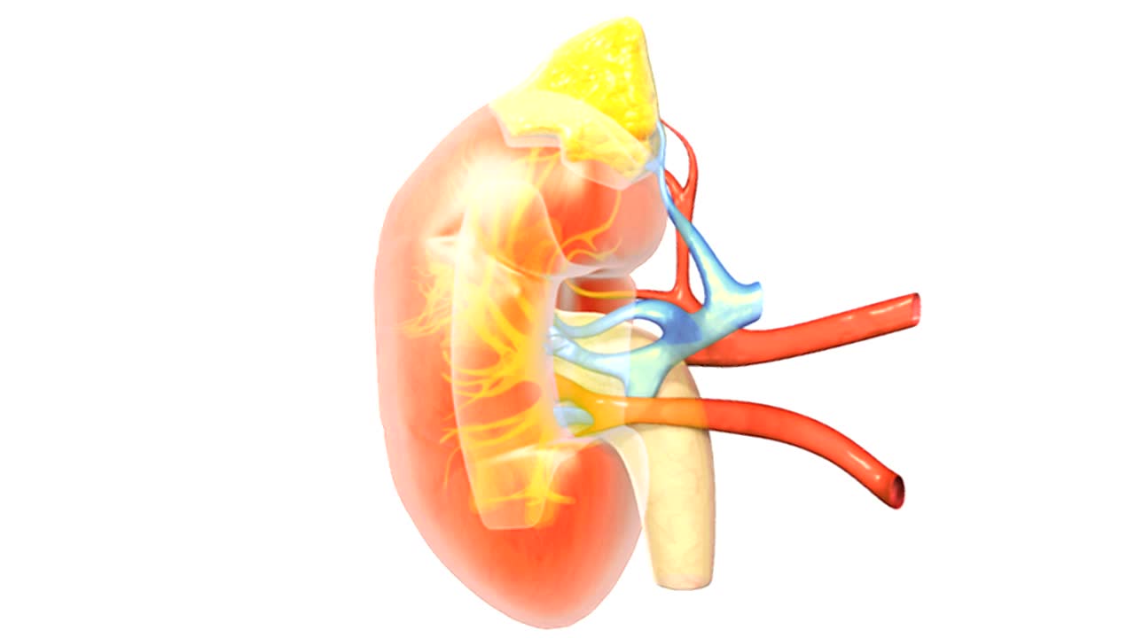 肾脏解剖和肾上腺的动画。在x光片上可以看到肾内的静脉、动脉和输尿管。视频素材