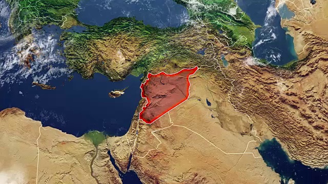 地图叙利亚和边界，物理地图中东，阿拉伯半岛，地图与浮雕和山脉和地中海视频素材